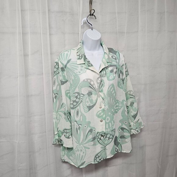 Alfred Dunner Blouse Green White Butterfly Ruffle Sheer Fairy 14 - Picture 5 of 12